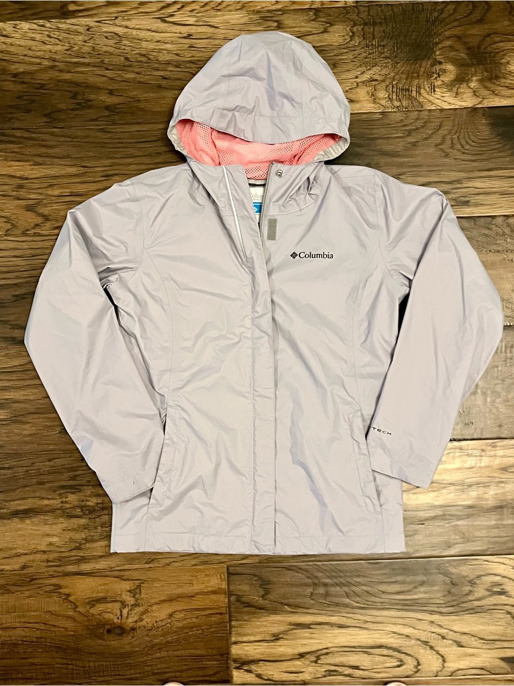 Columbia Girls' Light Gray Rain Jacket with Pink Lining